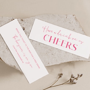 Plantilla de boletos de bebida imprimibles, ficha de bar para bodas, bebida por nuestra cuenta, la resaca corre por tu cuenta, vales de bebida gratis, Pretty In Pink