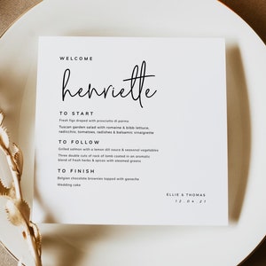 Szablon menu kwadratowego, drukowane menu weselne z imionami, edytowalne menu na karty miejsc, dekoracje weselne, kochankowie