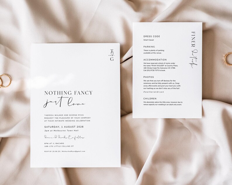 Nothing Fancy Just Love Invitation, Wedding Invite Set, Modern Wedding Invitation Template Download, Information Card, MONOGRAM image 1
