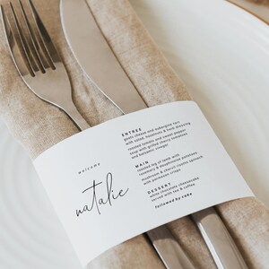 Menú con nombre de invitado, menú con servilletas, plantilla de menú moderna, disposición de la mesa de recepción de bodas, tarjetas de lugar planas, Bliss
