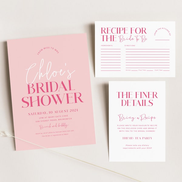 Pink Bridal Shower Invitation Set, Printable Bridal Shower Invite Download, Details Card, Recipe Card Template, Pretty In Pink