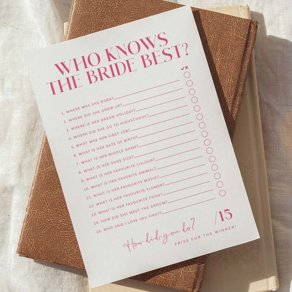 Who Knows The Bride Best Download, Printable Bridal Shower Games, Bridal Shower Ideas, Hens Party Game Template, Pretty In Pink