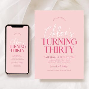 30th Birthday Party Invitation Digital, Thirty Birthday Invitation Template, Modern Birthday Invites, Digital Download, Pretty in Pink