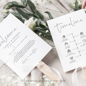 Éventail de programme de mariage minimaliste, modèle de chronologie du jour du mariage, calendrier d'événements, téléchargement d'itinéraire, mariages modernes, éventail ou carte plate, OLIVIA