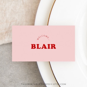 Plantillas para tarjetas de lugar de boda imprimibles, tarjetas de lugar rosas y rojas, tarjeta con nombre para recepción, arreglos de lugar para despedida de soltera, algo dulce