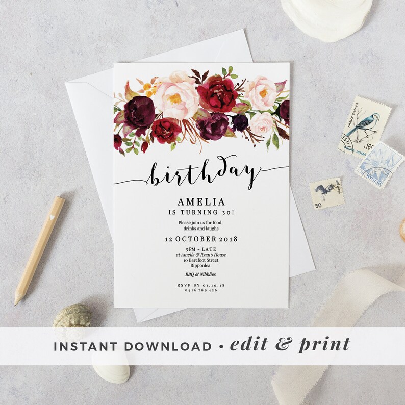 Templett birthday invites Burgundy floral invitation 30th 50th Floral birthday party invitation 40th Birthday invitation