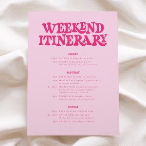 Itinerario de despedida de soltera en color rosa, plantilla de itinerario de fin de semana de despedida de soltera imprimible, descarga digital de cronología de despedida de soltera, #Team Bride