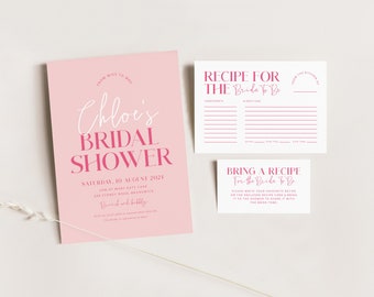 Printable Bridal Shower Invitation and Recipe Card, Pink Bridal Shower Invitation Suite Template, Digital Download, #Pretty In Pink