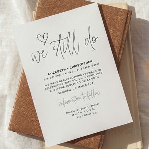Ainda fazemos cartão, modelo de convite de casamento boho, salve a nova data para download digital, anúncio de adiamento, boho