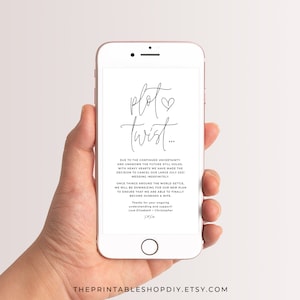 Giro de la trama, plantilla de cancelación de boda, cambio de fecha, anuncio de boda de reducción de personal, descarga digital, estilo boho