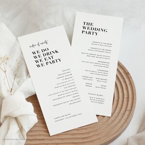 Nós fazemos, nós bebemos, nós comemos, nós festejamos, modelo de programa de casamento minimalista moderno, download de programa de casamento editável, #fim de semana em Paris