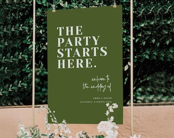 Greenery Hochzeit Willkommensschild Modern, die Party beginnt hier Schild Vorlage, druckbare Hochzeitsschild Download, #Bonded By Love