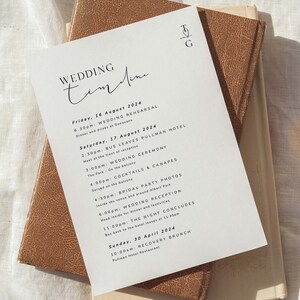 Plantilla de itinerario de fin de semana de bodas para descargar en formato digital, cronograma de fin de semana de bodas moderno, tarjetas con horarios de bodas, MONOGRAMA