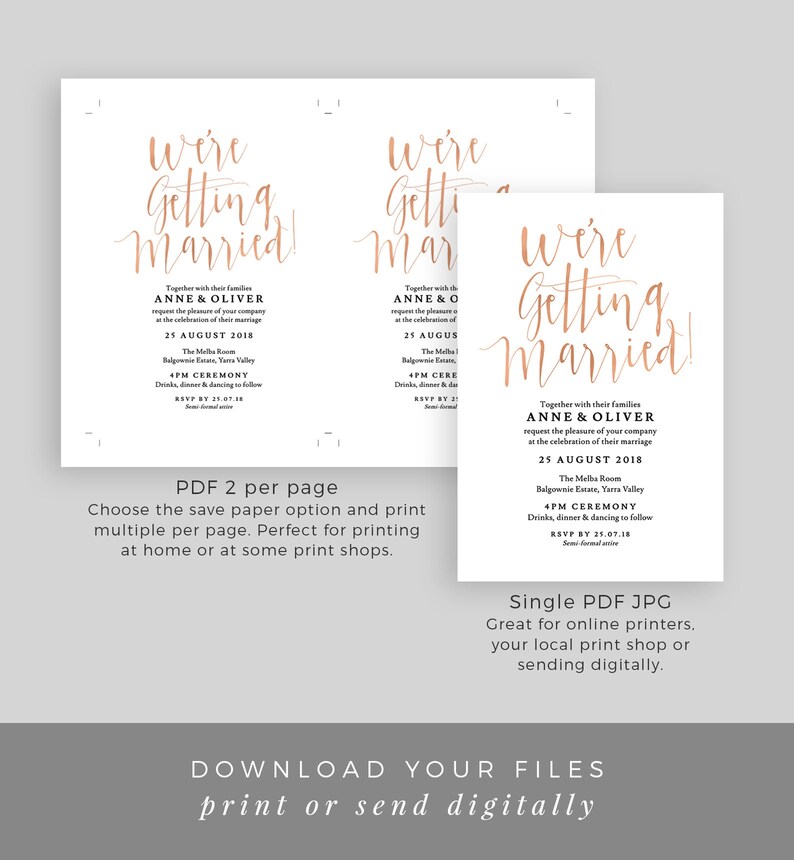 Wedding invitation template download Were getting married invitation, Rose gold wedding invitation set Printable wedding invitation set