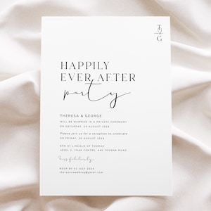 Happily Ever After Party Invitations, Modern Wedding Reception Invitation Template, Elopement Announcement, Digital Download, MONOGRAM