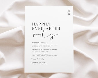 Happily Ever After Party Invitations, Modern Wedding Reception Invitation Template, Elopement Announcement, Digital Download, MONOGRAM