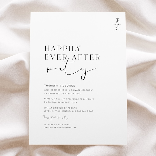 Happily Ever After Party Invitations, Modern Wedding Reception Invitation Template, Elopement Announcement, Digital Download, MONOGRAM