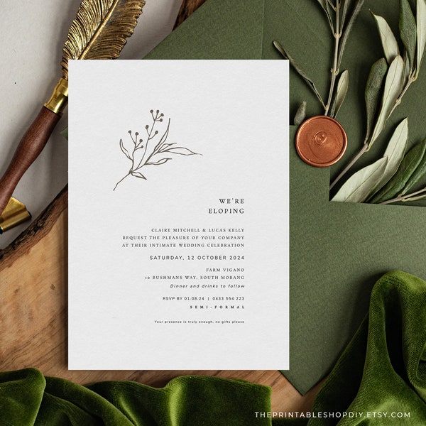 Intimate Wedding Invitation Download, We're Eloping Digital, Elopement Announcement Template, Rustic Wedding Invites, PERENNIAL