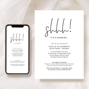 Invito per festa a sorpresa, Shhh è una festa, modello di invito digitale per compleanno da scaricare, invito stampabile per il 30°, 40°, 50°, OLIVIA