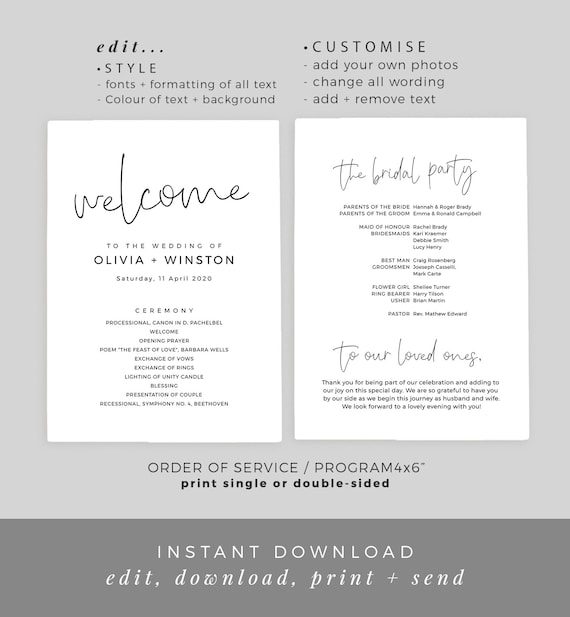 Minimalist Wedding Program Template Printable Order Of Etsy