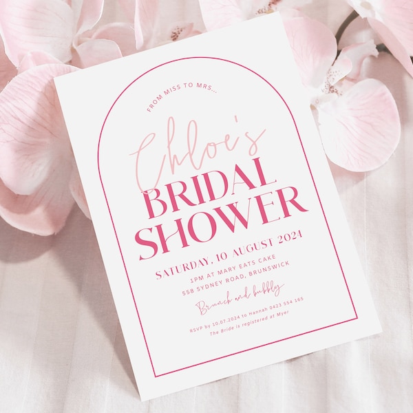 Printable Bridal Shower Invitation Template, Arch Invitation Download, Pink Modern Bridal Shower Invites, Pretty In Pink