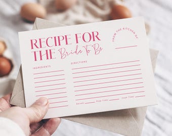 Bridal Shower Recipe Card Template, Recipe For The Bride To Be, Printable Recipe Card 4x6, Digital Download, Pretty In Pink