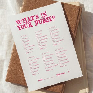 Wat zit er in je tas Game Card, afdrukbare spelsjabloon vrijgezellenfeest, kippenfeestspellen, wat zit er in je tas, vrijgezellenfeest, #Teambruid