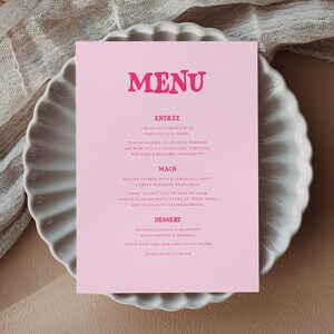 Menù matrimonio rosa da scaricare in formato digitale, modello di menù matrimonio stampabile, menù addio al nubilato con nome, #Team Bride