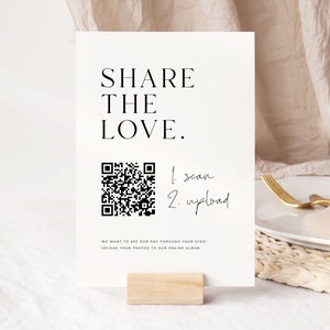 Afdrukbaar Share The Love QR-codeteken, modern bruiloftsdecor, foto gastenboek bruiloft bord sjabloon, digitale download, WENEN