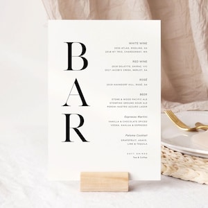 Wedding Bar Menu Sign Template, Modern Bar Sign Download, Printable Wedding Decor Black and White, #Initials