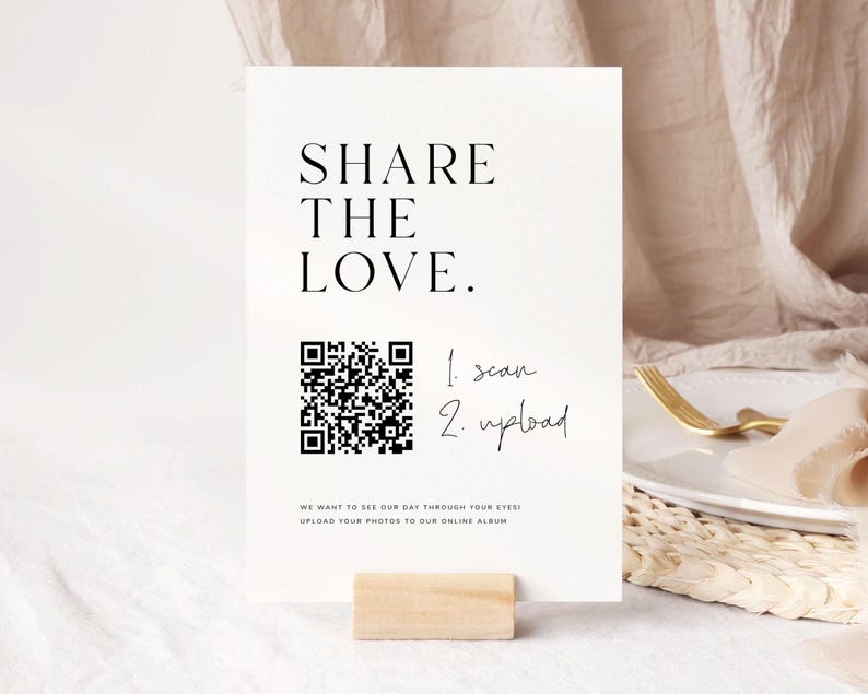 Printable Share The Love QR Code Sign, Modern Wedding Decor, Photo Guest Book Wedding Sign Template, Digital Download, VIENNA image 1