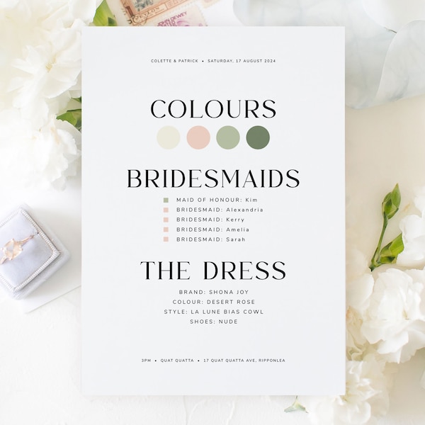 Bridesmaid Info Card Template, Printable Bridesmaid Dress Card, Bridal Party Info Card Download, Bridesmaid Information, Beloved