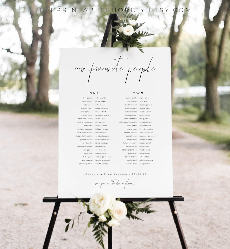 Wedding Seating Chart Long Tables, Our Favourite People, Banquet Table Plan, Modern Seating Plan Template image 1