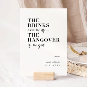 Letrero para bar de bodas, "La bebida corre por nuestra cuenta, la resaca corre por tu cuenta", plantilla imprimible para letrero de boda, decoración moderna para bodas, #FinDeSemanaEnParís