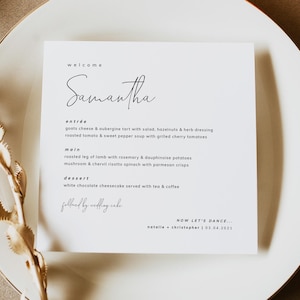 Square Wedding Menu Template Download, Printable Menu with Guest Name, Modern Minimalist Wedding Decor, Bliss, SAMANTHA