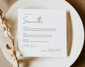 Square Wedding Menu Template Download, Printable Menu with Guest Name, Modern Minimalist Wedding Decor, Bliss, SAMANTHA