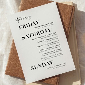 Plantilla imprimible de itinerario de boda, cronograma moderno y minimalista para el día de la boda, tarjeta con el orden de los eventos, #Fin de semana en París