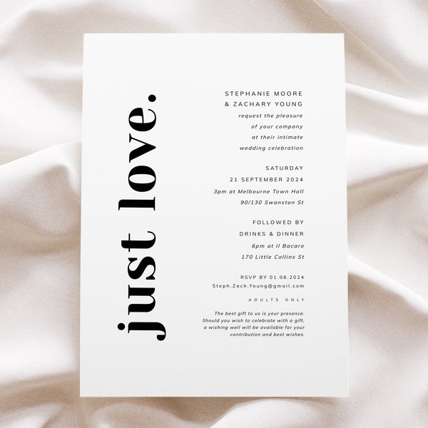 Intimate Wedding Ceremony Invitation Template, Modern Minimalist Wedding Invites Download, Just Love Invitation, Bold Love