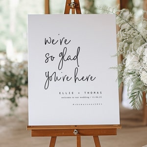 Letrero "Nos alegra mucho que estés aquí", plantilla de letrero de bienvenida para bodas, señalización de bodas moderna, descarga digital, amantes