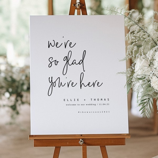 We're So Glad You're Here Sign, Wedding Welcome Sign Template, Modern Wedding Signage, Digital Download, Lovers