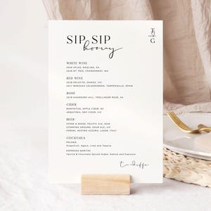 Printable Wedding Bar Menu, Sip Sip Hooray Sign, Modern Wedding Sign Template, Editable Bar Sign, Digital Download, MONOGRAM