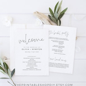 Minimalist Wedding Program Template, Printable Order of Service, Welcome Programs, Black and White, Editable Program, OLIVIA