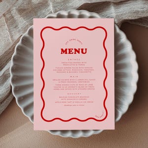 Modelo de menu Wave para impressão, menu de casamento rosa com nome, download de menu de casamento divertido, cartão de menu de chá de panela boho, coisa doce