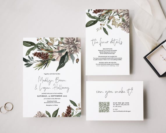 Greenery Wedding Invitation Set: Rustic Printable Stationery (Digital Download)