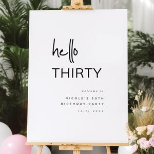 Hello Dreißig Zeichen, Minimalistisches 30. Geburtstagsparty Willkommensschild, druckbares Geburtstagsschild, digitaler Download