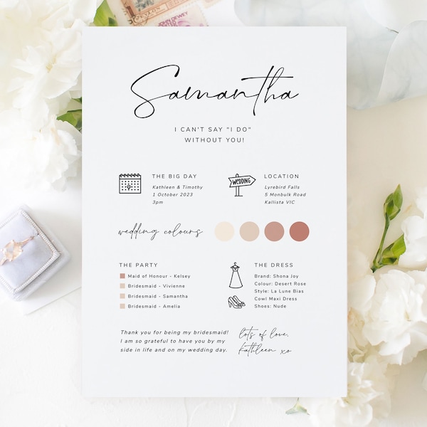 Bridesmaid Info Card Template, Printable Bridal Party Information Card, Bridesmaid Infographic, Digital Download, #Soul Love