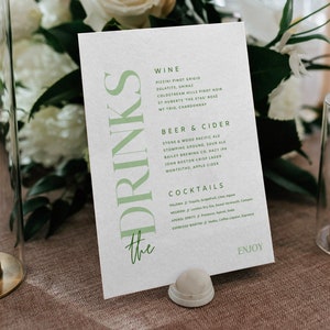 Panneau de bar de mariage moderne à télécharger, Modèles de mariage imprimables, Décoration de réception, Carte des boissons, Signalétique de mariage verte, Joli en vert