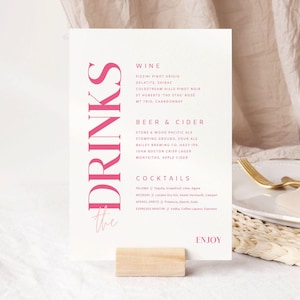Modèle imprimable de plaque de bar de mariage, décoration de mariage rose, téléchargement de menu de boissons de mariage, signalisation de réception, joli en rose