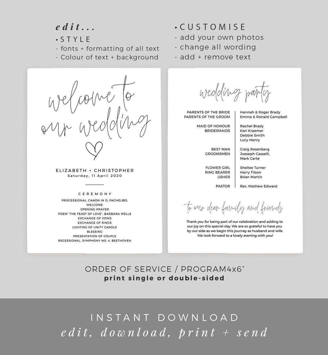 Order of Service Wedding Template Printable Order of the Day | Etsy