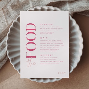 Modello di menu per matrimonio rosa da scaricare, Schede menu moderne stampabili, Decorazioni per ricevimento di nozze, Menu cibo modificabile, Pretty In Pink